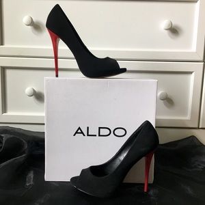 Black and red peep toe heels